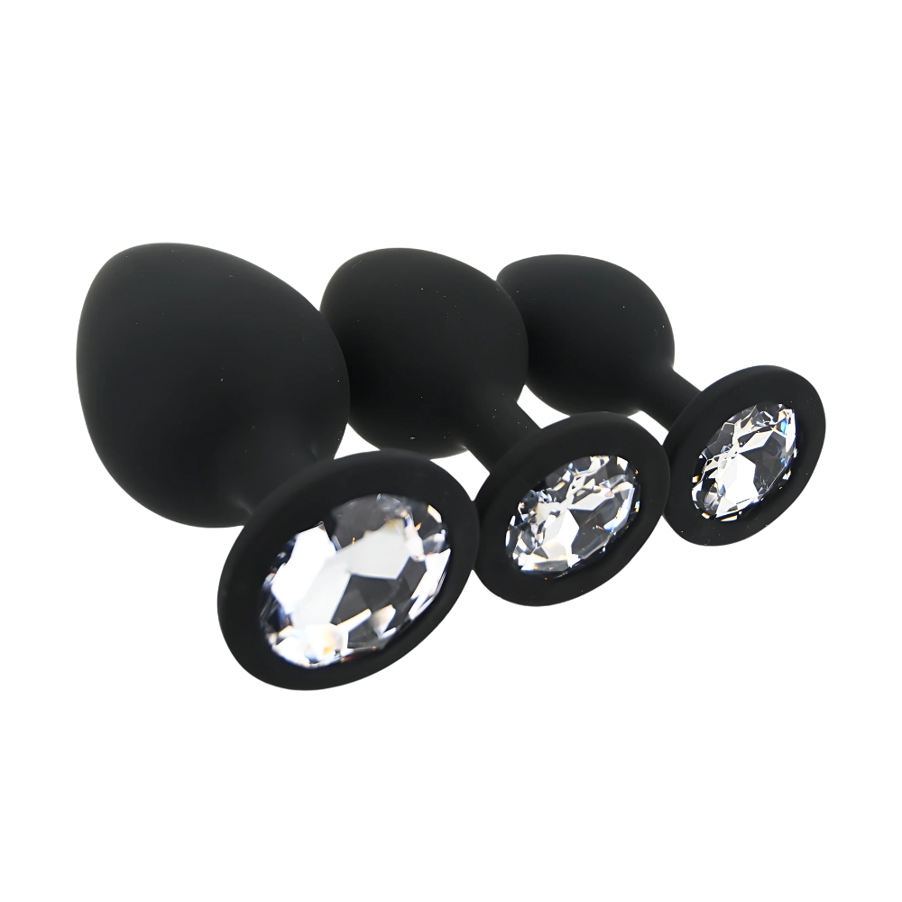 Toosh Silicone Butt Plug Black Set of 3 Clear Stone