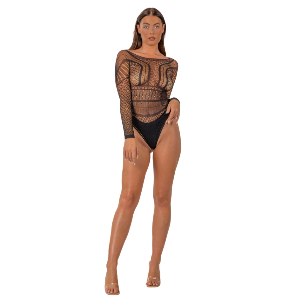 Lace by LJ Seamless Lace Long Sleeved Bodysuit Black