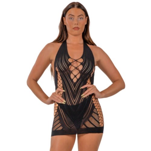 Lace by LJ Halter Neck Dress with Faux Lace Up Front Black
